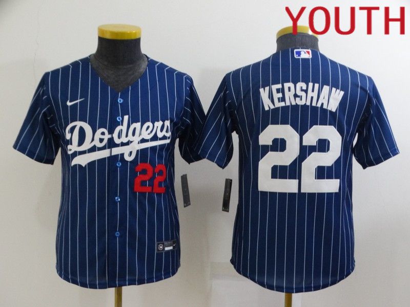 Youth Los Angeles Dodgers 22 Kershaw Blue Stripe Throwback Nike 2022 MLB Jerseys